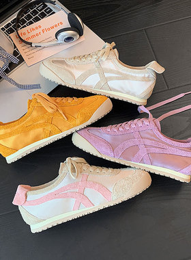 头层牛皮+冰丝网布透气复古德训鞋女2025新款系带休闲鞋运动板鞋