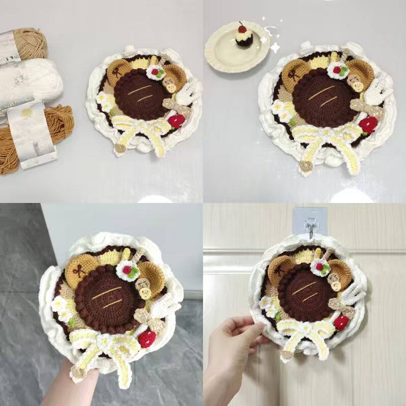 手工编织毛线自制草莓蛋糕兔和巧克力蛋糕熊杯垫吧唧托diy材料包
