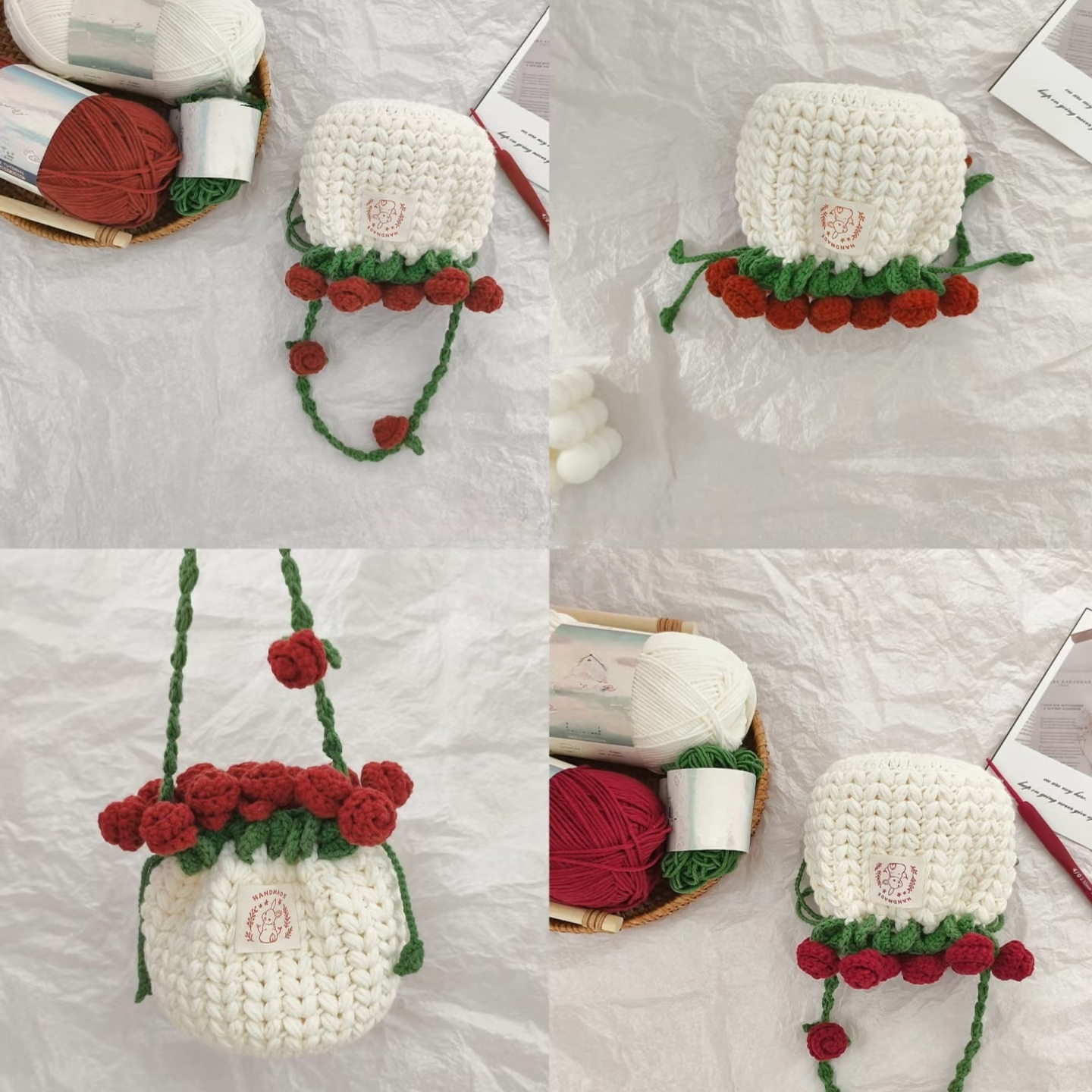 仿真玫瑰花束口手提零钱包毛线钩针diy自制材料包手作送女友礼物