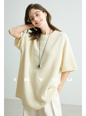 因由 松弛感针织T恤春夏主打R0W风廓形超细美利奴简约羊毛短袖女