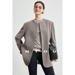 因由 简约设计感圆领極简老钱西服高级感毛呢外套百搭羊毛西装