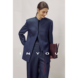 时尚 因由新中式 立领收腰仿牛仔西装 外套马甲弯刀裤 女三件套 套装