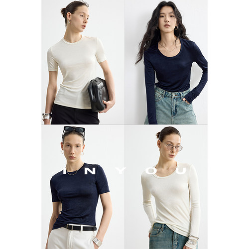 因由 醋酸夏秋款修身套头纯色百搭正肩长短袖U领打底衫T恤女上衣