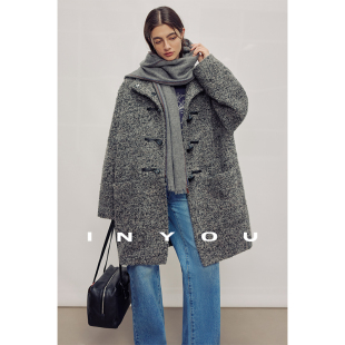 因由 大衣外套女秋冬 羊驼毛呢静奢风冬保暖圈圈毛牛角扣中长款