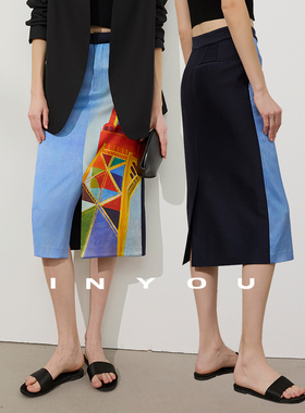 因由【02/02 am10:00上新】原创印花开叉设计时尚显瘦摩登半身裙