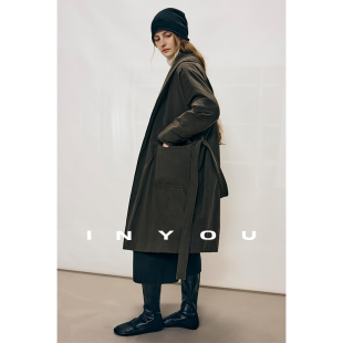 因由 海藻绿羽绒服女 轻量感95白鹅绒外套飒感浴袍系带中长款