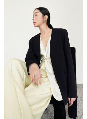 因由 高级感黑色休闲西服知识分子纸片人中式国风假两件西装外套