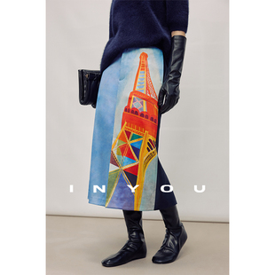 因由 显瘦摩登半身裙女 重磅原创印花撞色拼接开叉设计感时尚