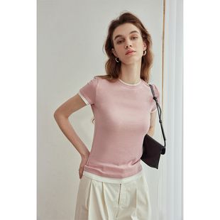 上衣夏弹力撞色假两件半袖 天丝羊毛T恤女极简短袖 T恤女 法式 因由