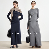 裙子前开衩设计感内搭长款 因由 极简纸片人气质秋冬长袖 连衣裙女