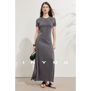 裙子 中长款 因由 Row风冰爽弹力插肩设计感挂脖领连衣长裙女短袖