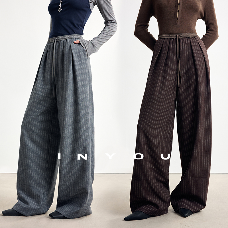 因由 时髦老钱条纹抽绳羊毛休闲秋冬款垂坠感显腿长西装直筒裤女