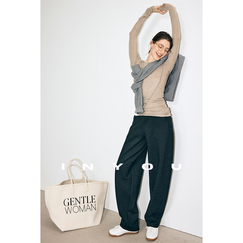 因由 随性秋冬新款松弛感美式松紧腰纯色休闲运动圆弧弯刀卫裤女