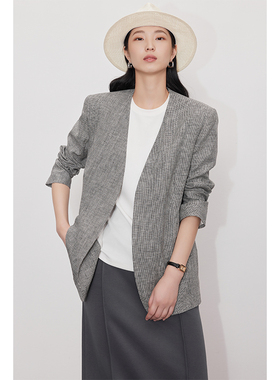 因由 西装外套女老钱极简通勤休闲亚麻廓形挺阔极简百搭灰色西服