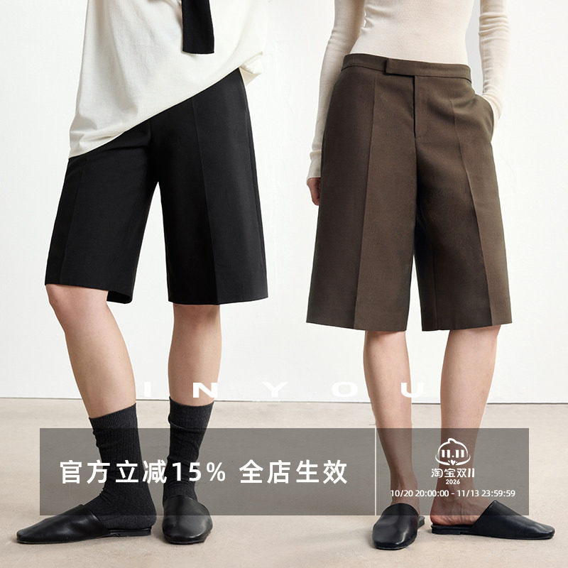 因由 新款通勤复古百搭高腰显瘦立体挺缝直筒五分西装短裤女休闲