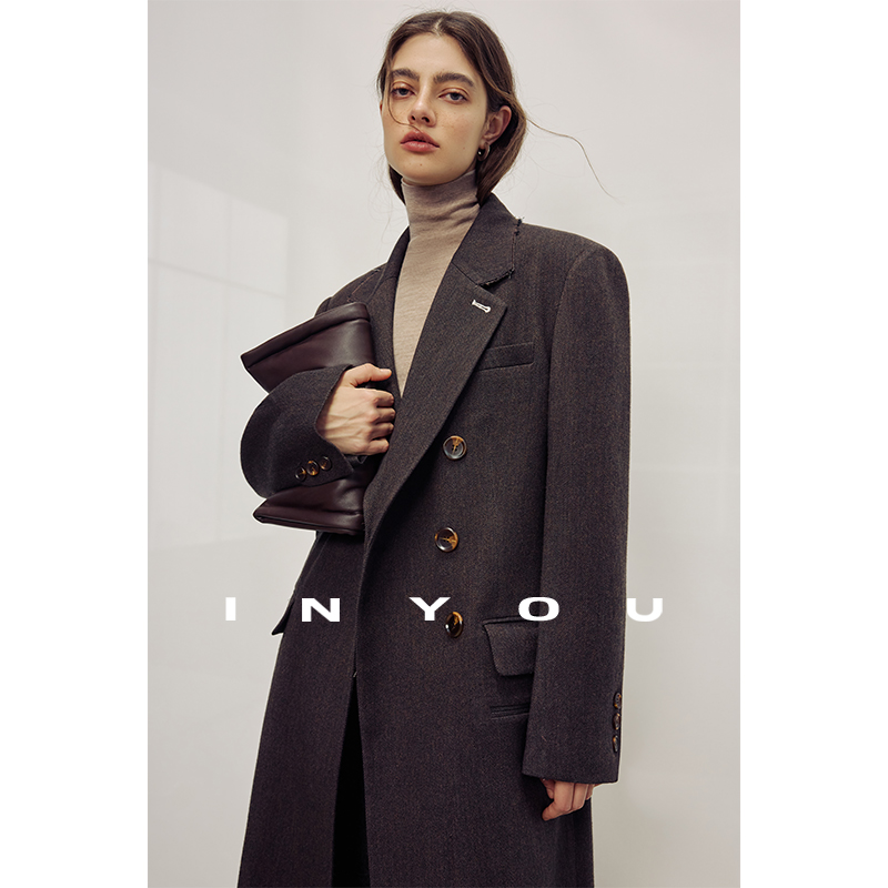 因由 秋冬季新款设计感羊毛翻驳领大衣直筒毛呢中长款外套女