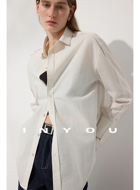 因由【01/16 am10:00上新】休闲翻领格子线条四季款拼接长袖衬衫