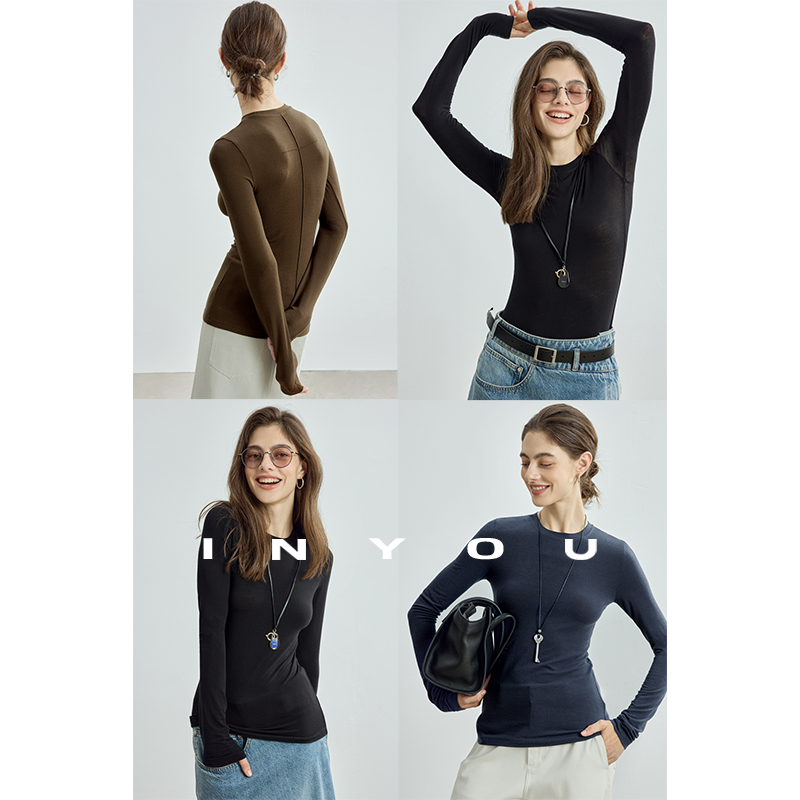 因由 早秋圆领上衣软糯亲肤0压呼吸感修身显瘦套头T恤打底衫女