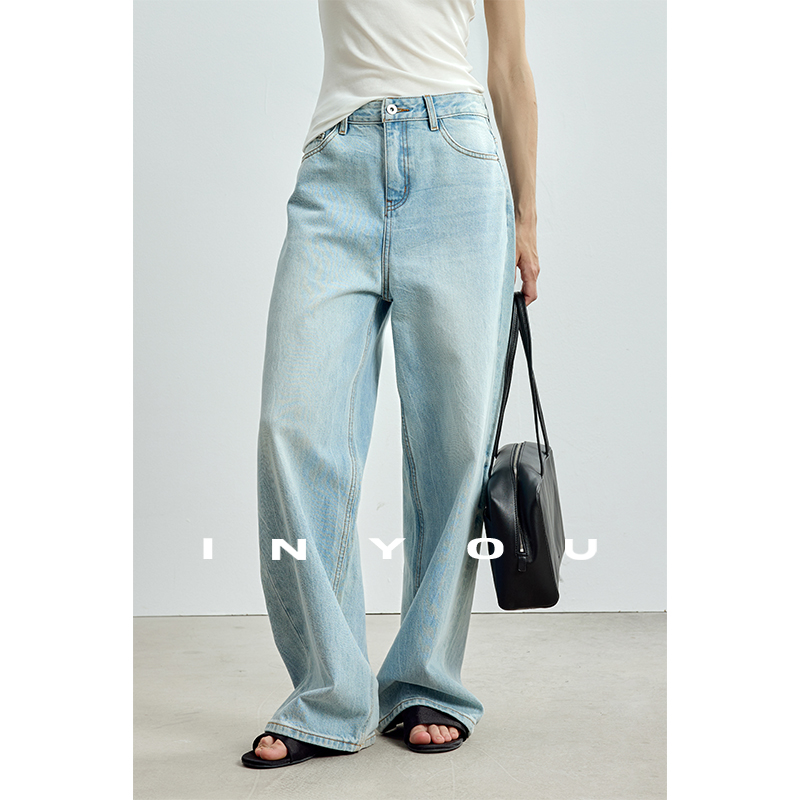因由 早秋新款时士耳其进口髦复古宽松休闲水洗直筒建筑感牛仔裤