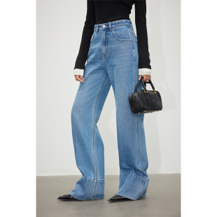 因由 时髦摩登精英垂坠松弛感3米腿长高腰复古微喇牛仔直筒阔腿裤