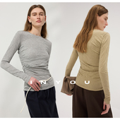 am10 00上新 因由 设计感褶皱肌肤T恤斜裁棉弹修身 上衣女