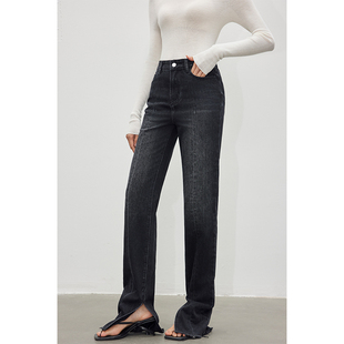 高腰拖地裤 因由 毛边宽松显瘦直筒裤 春秋新款 复古水洗开叉牛仔裤