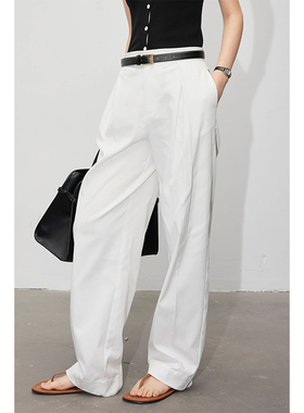 因由 白色高腰显瘦直筒长裤女梨形身材时尚简约休闲窄版拖地裤子