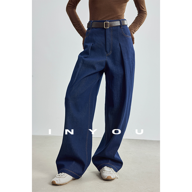 因由 设计感高腰显瘦解构休闲亚麻百搭经典秋款气质弯刀牛仔裤女