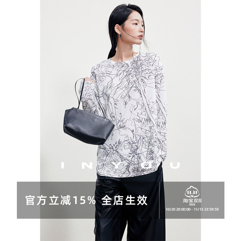 因由 极简手绘线条打底印花圆领穿搭秋季新品秋季宽松长袖T恤女