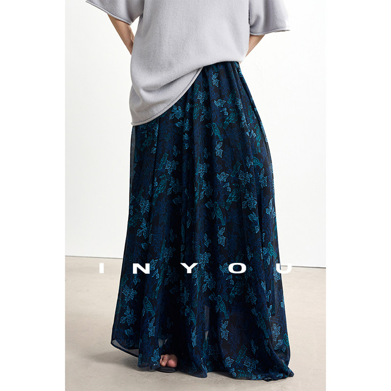 因由 獨家印花设计感波嬉风印花小众浪漫开叉宽松显瘦半身长裙女