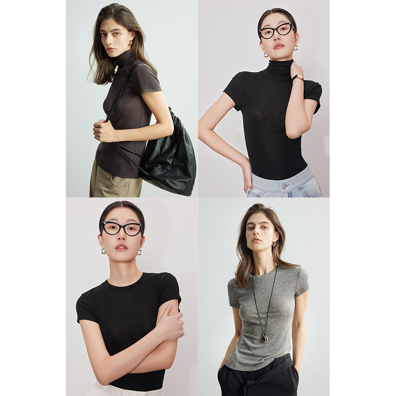 因由 半高领正肩t恤女法式静奢风气质紧身半袖百搭羊毛针织短袖,女装/女士精品,T恤,淘宝优惠券,粉丝福利购,淘宝优惠卷