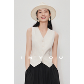 因由 马甲外套女麻感显瘦时髦V领外穿背心 复古老钱风小个子短款