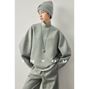 套装 休闲卫裤 轻生活舒适慵懒风套头上衣高级宽松高领卫衣女 因由