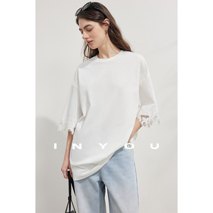 度假风造型感宽松拼接蕾丝花边短袖 00上新 T恤 am10 因由