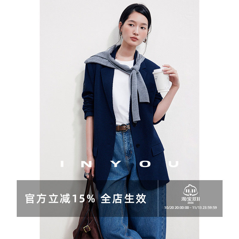 因由 意大利进口泡泡格子高品质秋季羊毛休闲外套原创显瘦西装女