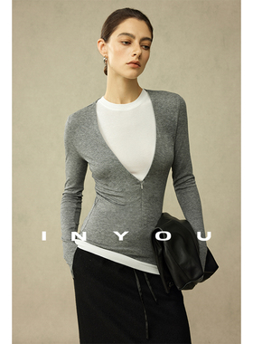 因由 25新春羊毛修身内搭博主长袖T轻生活拉链两件套V领打底衫女