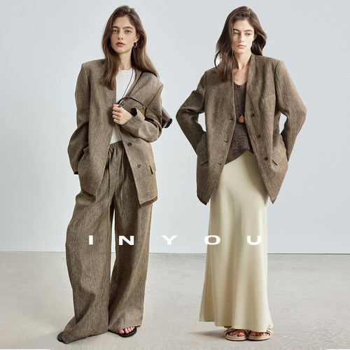 因由 极简高级感西服博主静奢感气质R0W亚麻上衣无领西装外套女