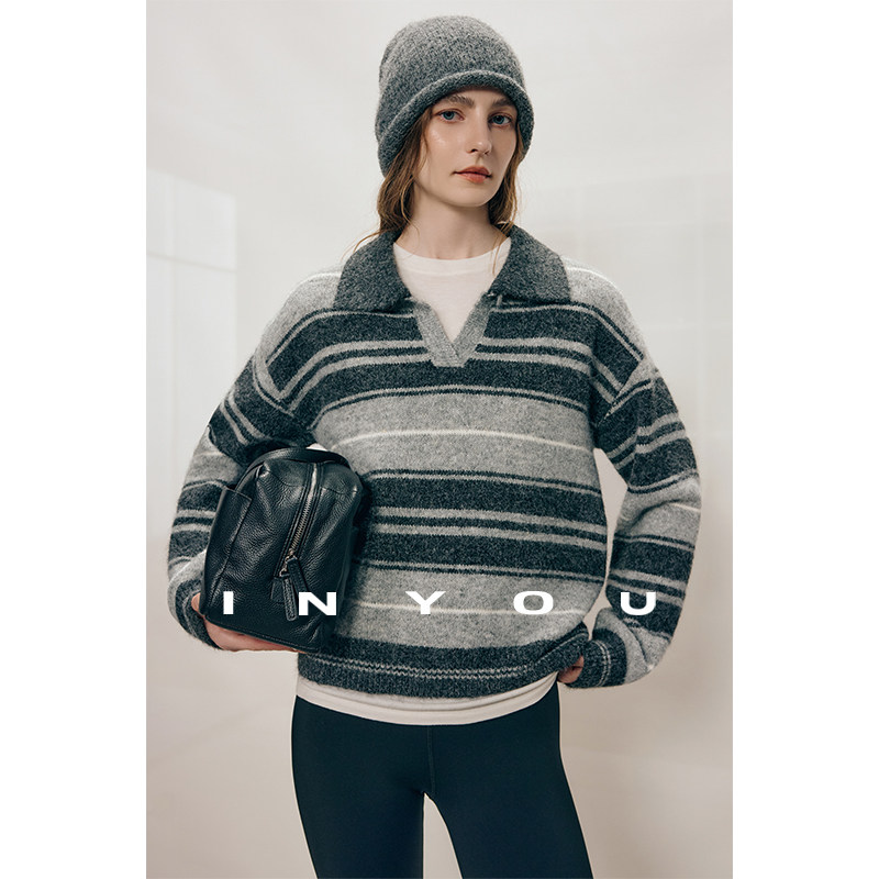 因由【12/22 am10:00上新】复古撞色条纹POLO长袖套头毛衣针织衫