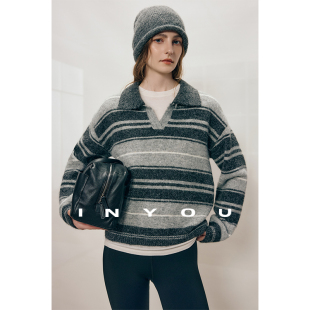 休闲针织衫 套头毛衣秋冬新款 女 复古撞色条纹POLO上衣长袖 因由