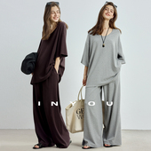 女纸片人深U领上衣显瘦卫裤 因由 懒人时髦宽松休闲简约针织套装