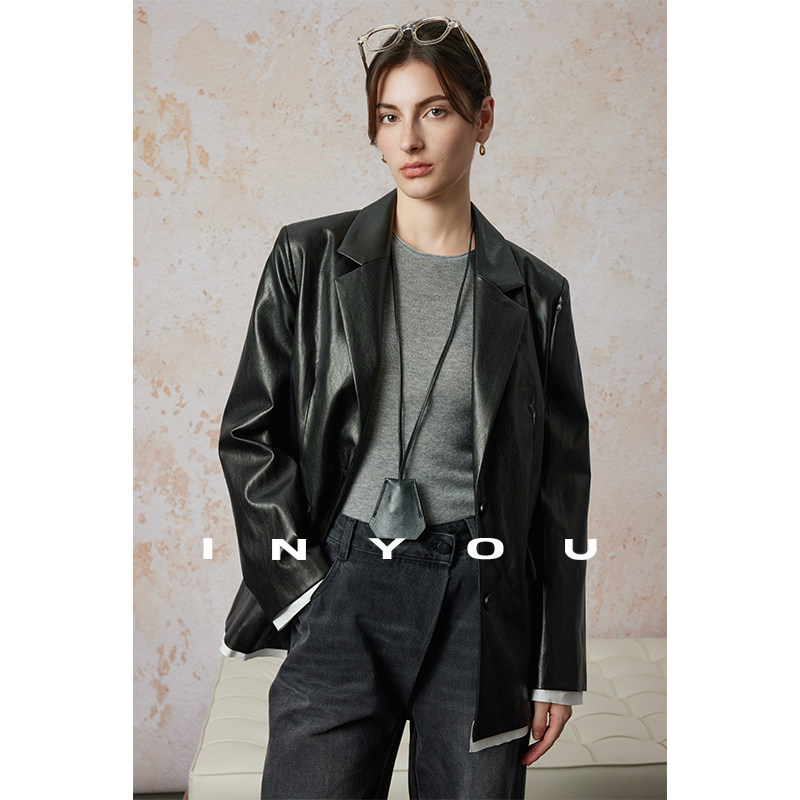 因由 黑色西装皮衣外套女老钱廓形平驳领上衣阔肩翻领秋冬西服