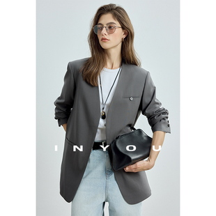 因由 外套女秋冬 澳洲羊毛老钱风松弛感简约气质无领宽松休闲西装