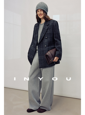 因由 经典老钱格子进口高品质羊毛黑灰色廓形秋冬宽松西装外套女