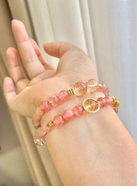 天然水晶双圈手链草莓晶黄胶花塔晶花珀南红金运石礼物饰品生日女