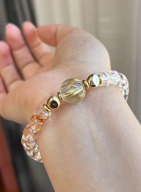 天然水晶手链金发晶手串板钛晶球锦鲤胶花手饰品生日礼物女