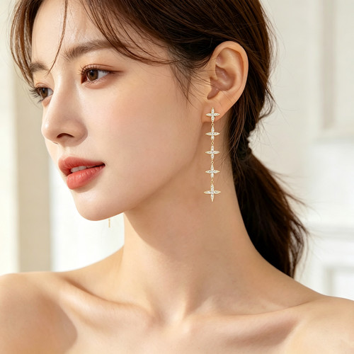 S925银针欧美满钻长款几何耳环