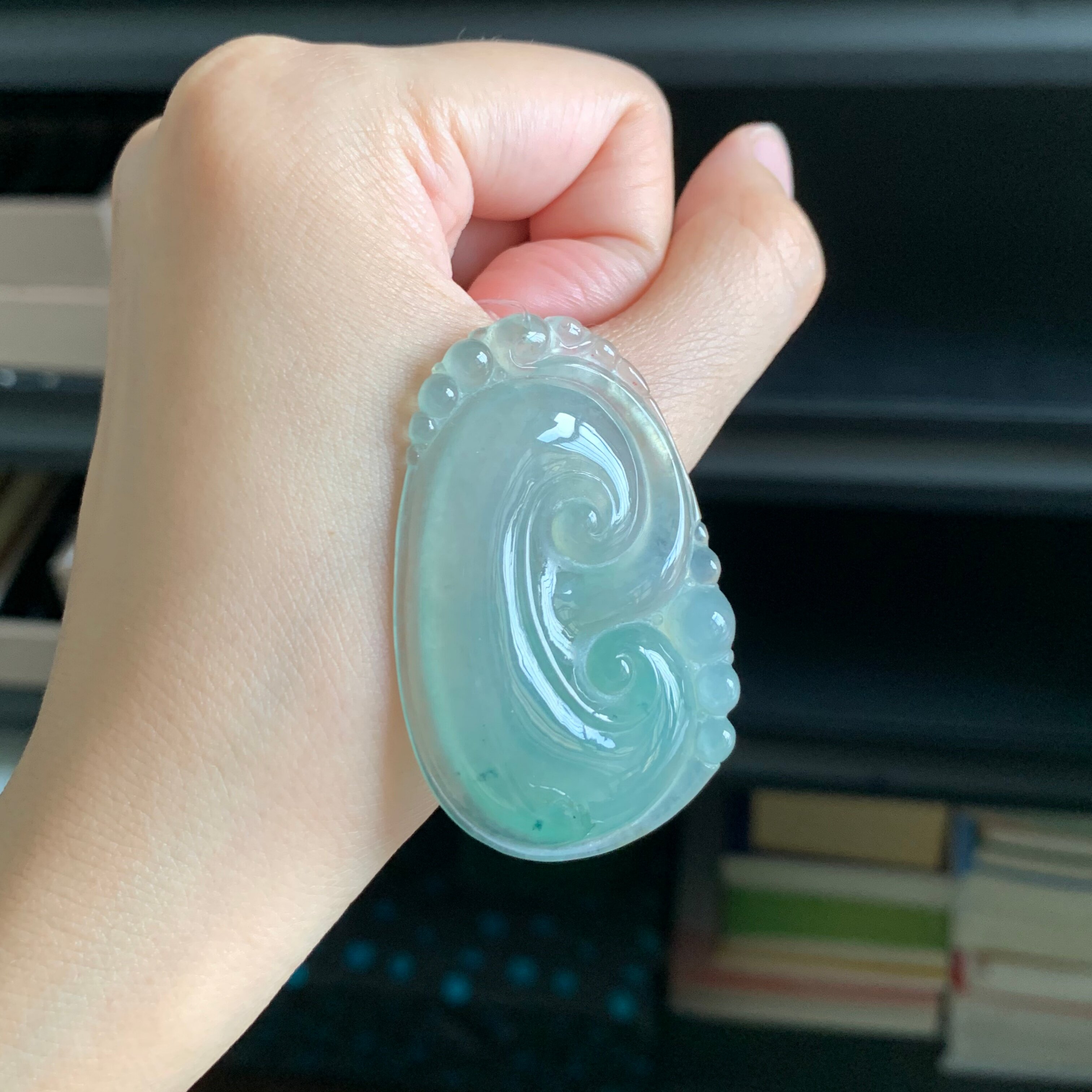 毛毛的翠/M 14522//天然油蓝绿调翡翠大如意吊坠//1550