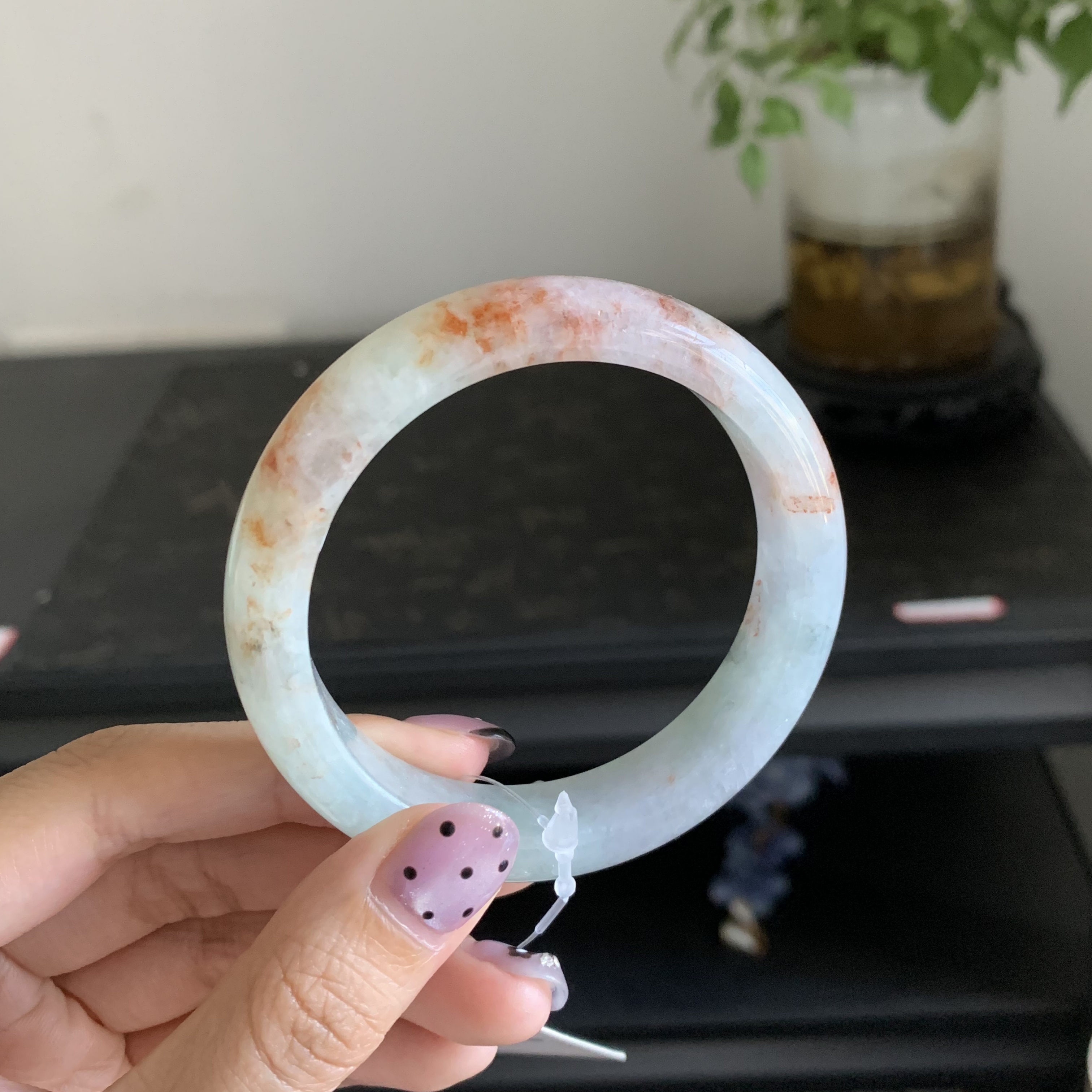 毛毛的翠/M 10420/天然特色红翡桂花飘墨绿花翡翠手镯 /52.5/998