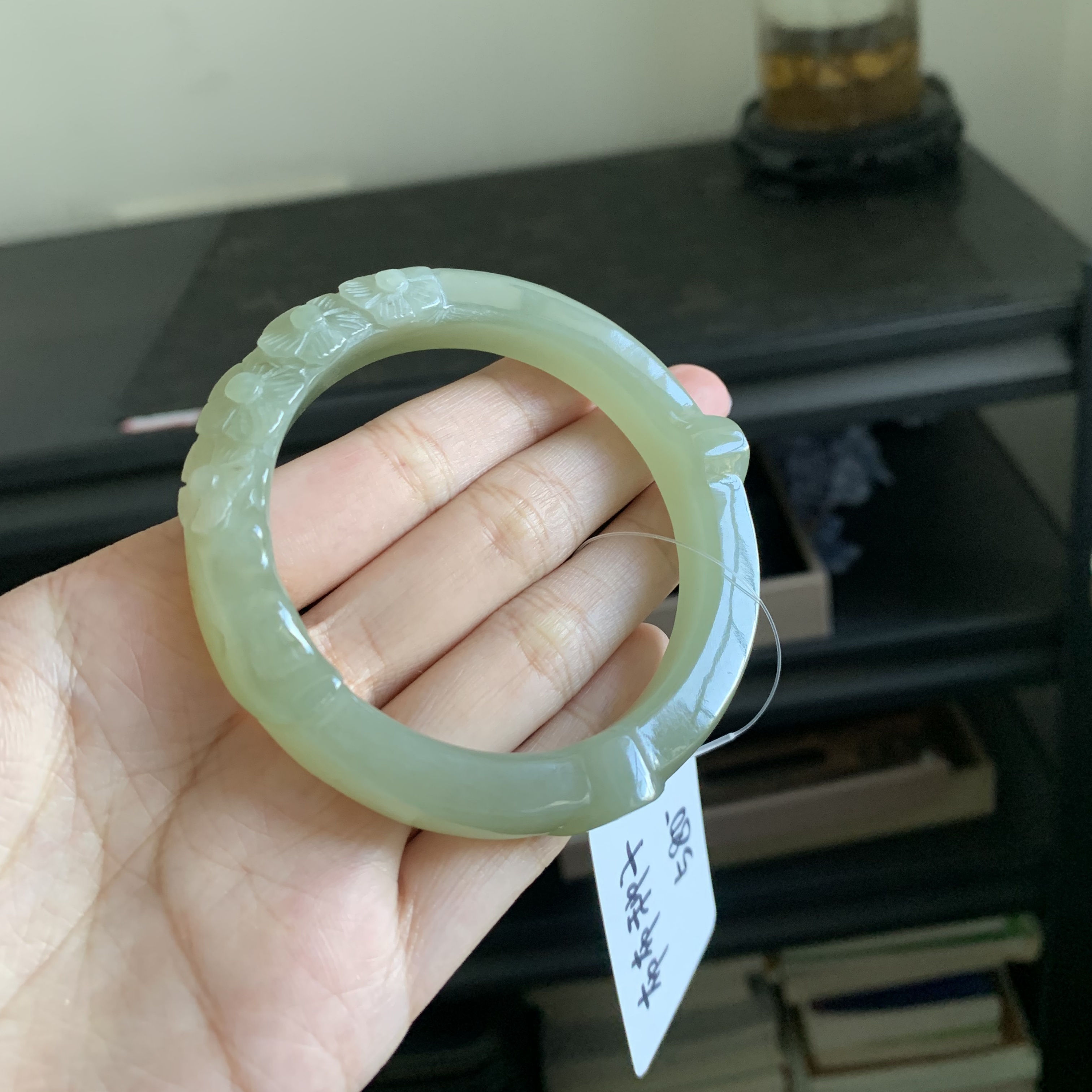 毛毛的翠/M 10500/和田 青玉 雕花 猫猫手镯/55.7/580