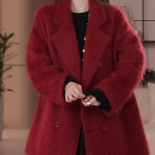2025新款秋冬外套女羊绒羊毛拉绒双排扣松弛毛呢大衣新年战袍